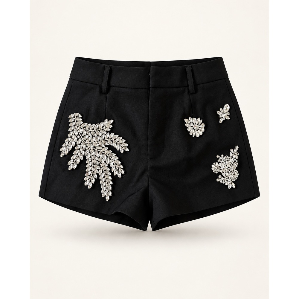 Crystal Embellished Floral Black High Waisted Shorts Rhinestone Evening Size S